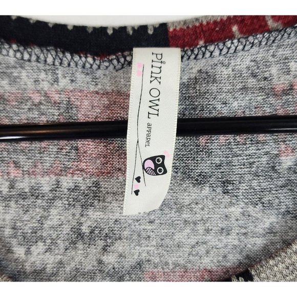 Pink Owl Sweater Womens Large Red Black GrayAztec Print Holiday Momcore Roll Tab - Picture 5 of 11